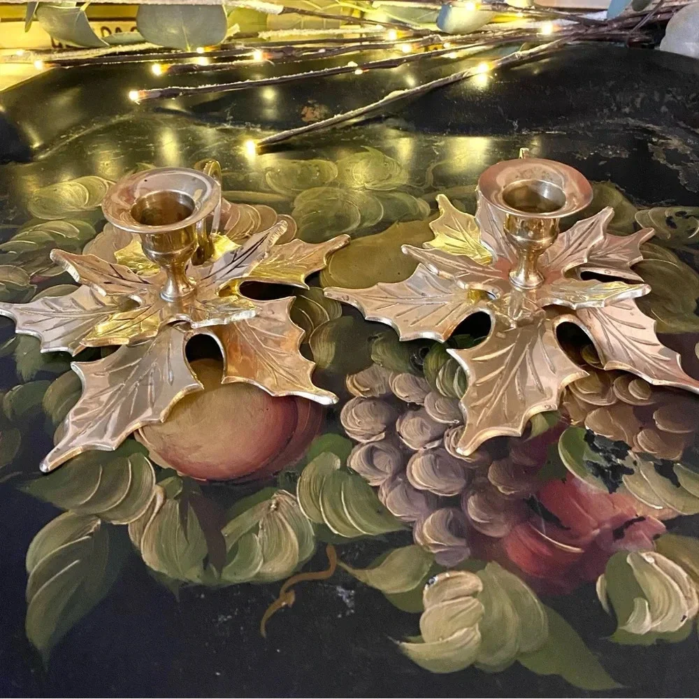 Vintage Brass Christmas Poinsettia Candle Holders 2 Set MCM Cottagecore Floral